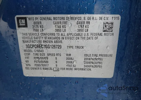 2016 Chevrolet Silverado 1500 1Lt from USA, damaged, VIN 3GCPCREC7GG126729